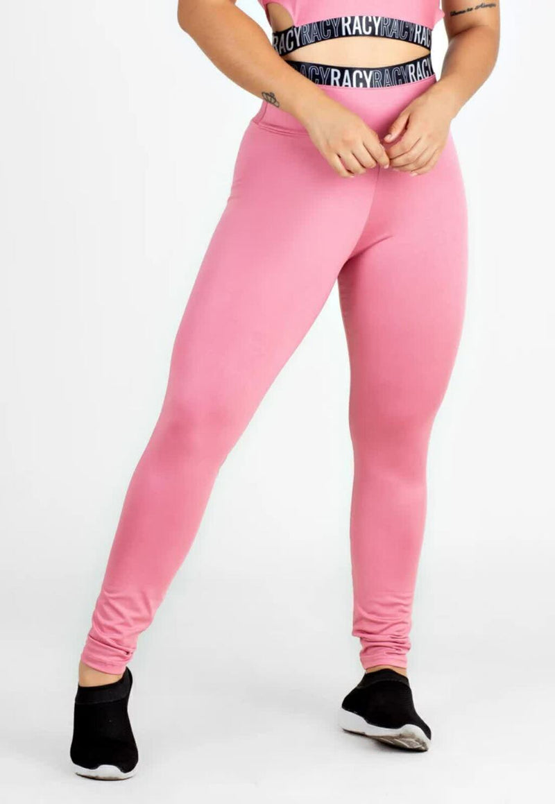 Calça Legging Feminina Cintura Alta Rosa Detalhe Elástico Preto