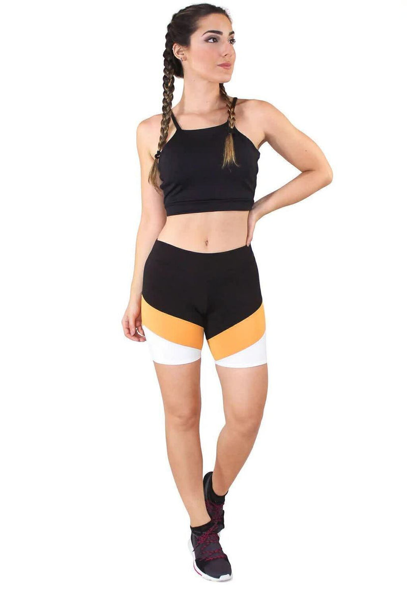 Conjunto Feminino Cropped Preto e Short Detalhe Em Faixa Branca e Amarela