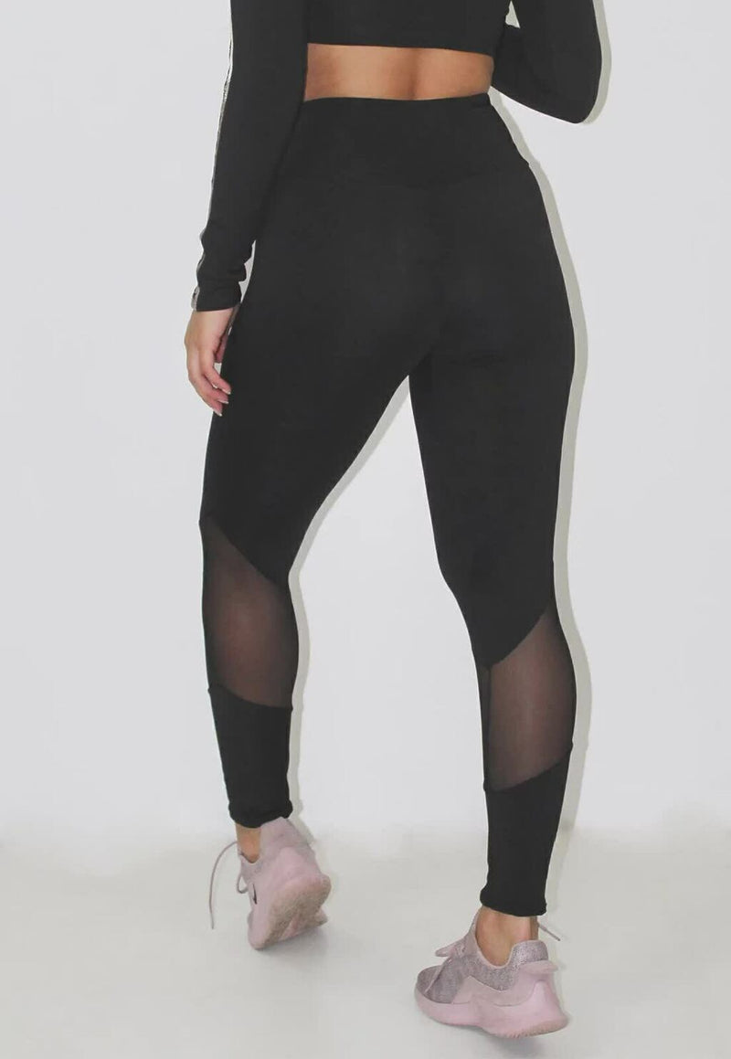 Calça Legging Feminina Cintura Alta Preta Com Detalhe Na Canela Tela Transparente