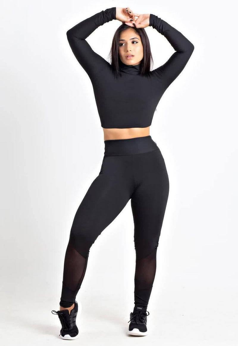 Conjunto Fitness Feminino Cropped Manga Longa Preto + Calça Legging Cintura Alta Preta