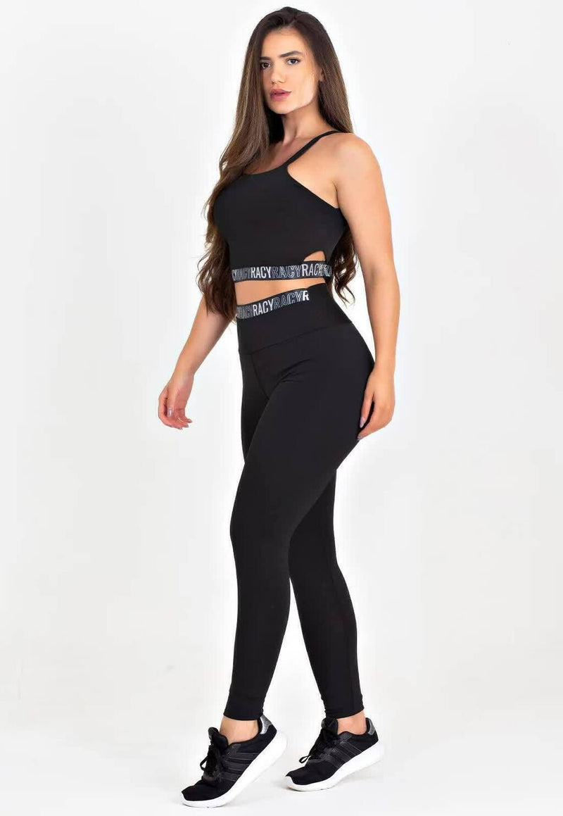 Conjunto Fitness Feminino Cropped Alcinha Preto Detalhe Elástico Preto + Cropped De Tela Manga Longa Preta + Calça Legging Cintura Alta Preta Com Elástico Preto