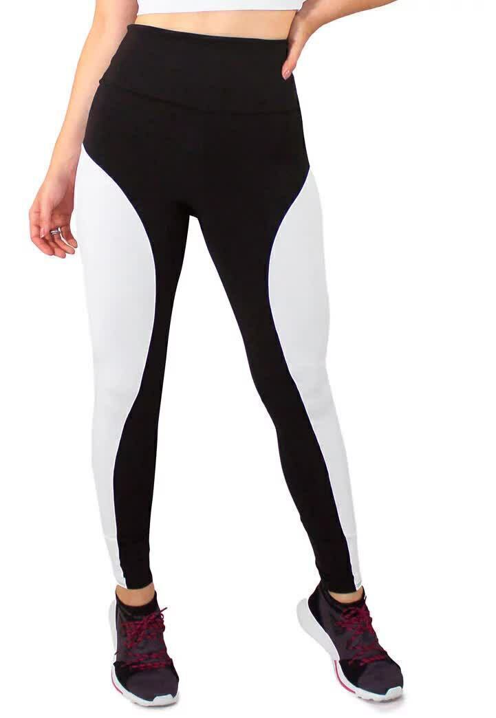 Calça Legging Feminina Cintura Alta Preta Detalhe Lateral Em Branco