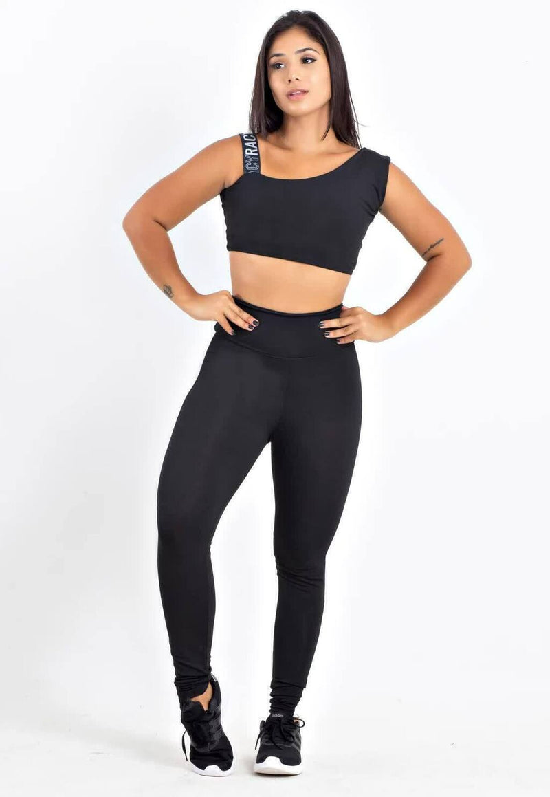 Conjunto Feminino Fitness Cropped Preto e Calça Legging Preta Detalhe Em Branca