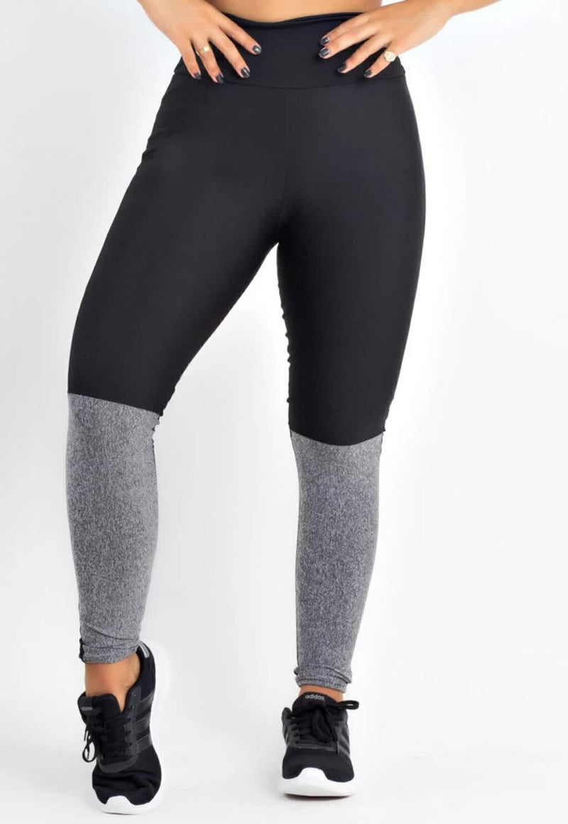 Calça Legging Feminina Cintura Alta Preta Com Detalhes Cinza Na Canela