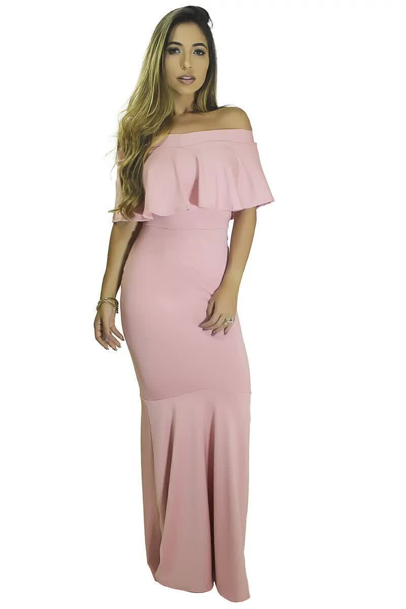 Vestido Feminino Longo Ombro a Ombro Com Babado e Rabo De Sereia Rosa