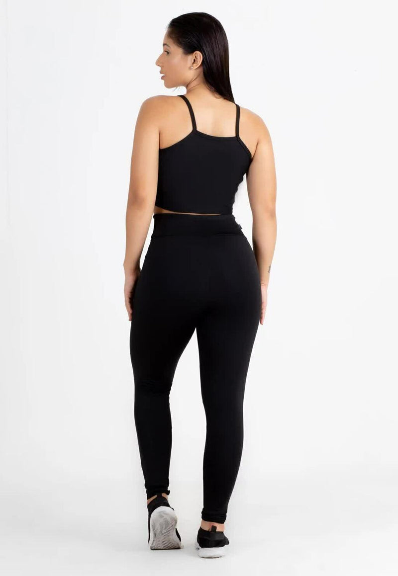 Conjunto Fitness Feminino Cropped Alcinha Preto Detalhe Em Tela + Calça Legging Cintura Alta Preta Detalhe Em Tela Transparente