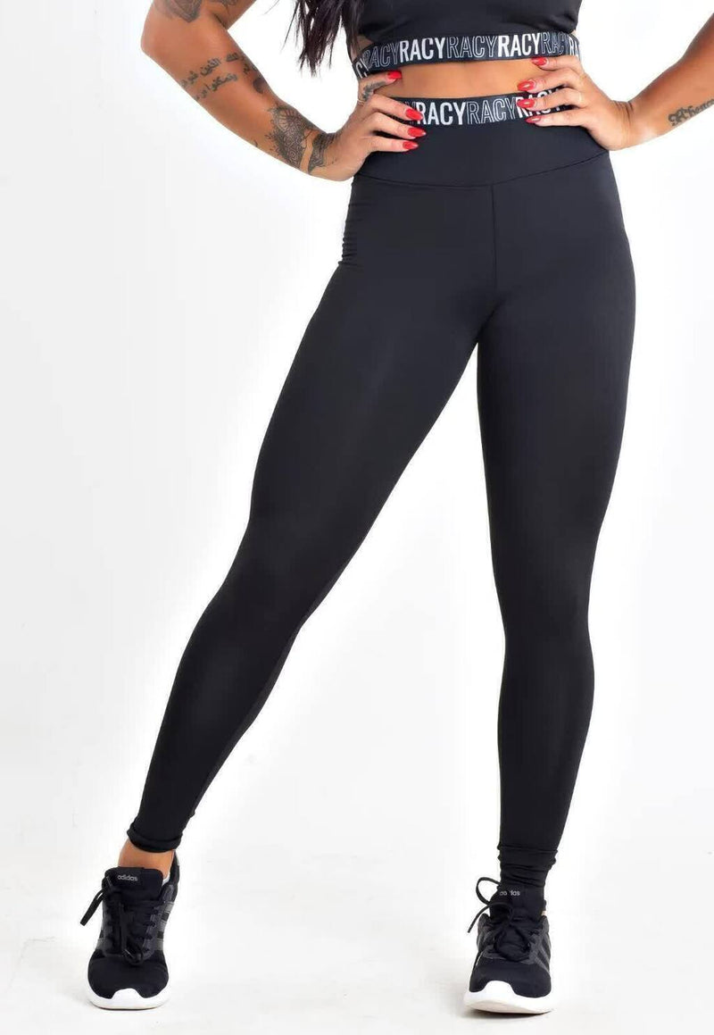 Calça Legging Feminina Cintura Alta Preta Detalhe Em Elático Preto