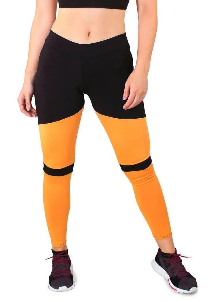 Calça Legging Feminina Cintura Alta Preta Com Detalhe Amarelo