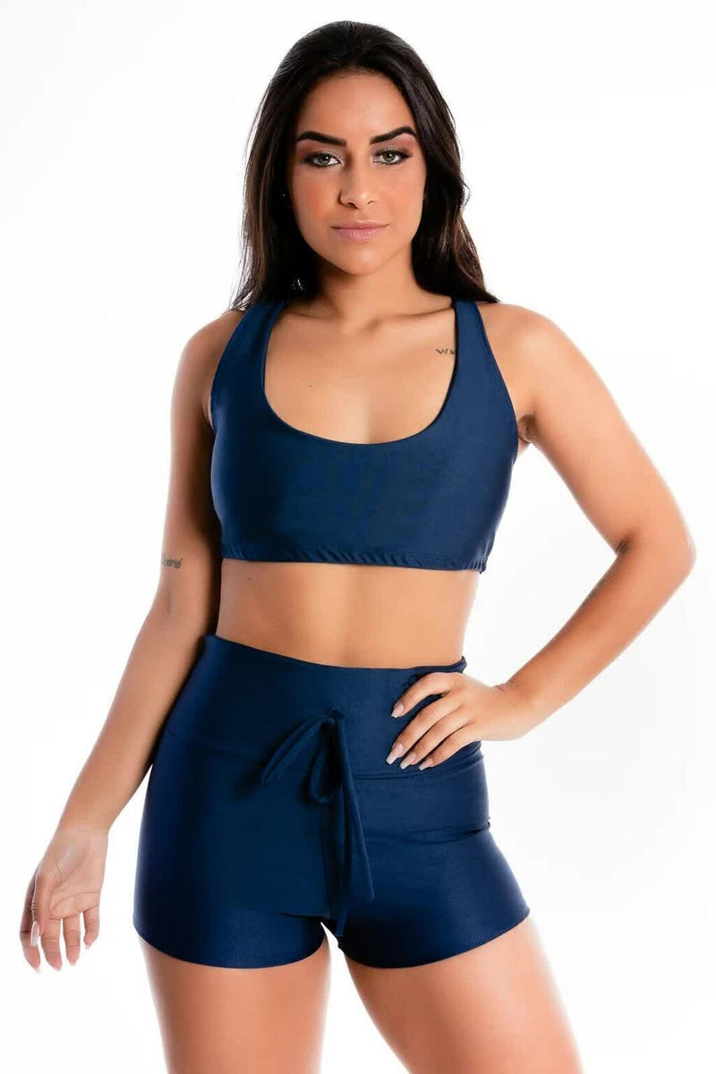 Conjunto Feminino Cropped e Short Azul Marinho Detalhe Cadarço Falso