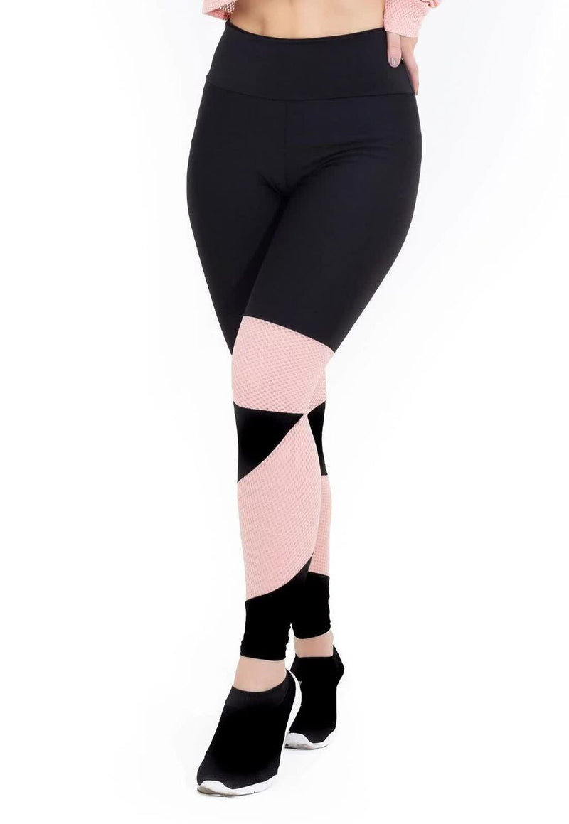 Calça Legging Feminina Cintura Alta Preta Detalhe Em Tela Rosa