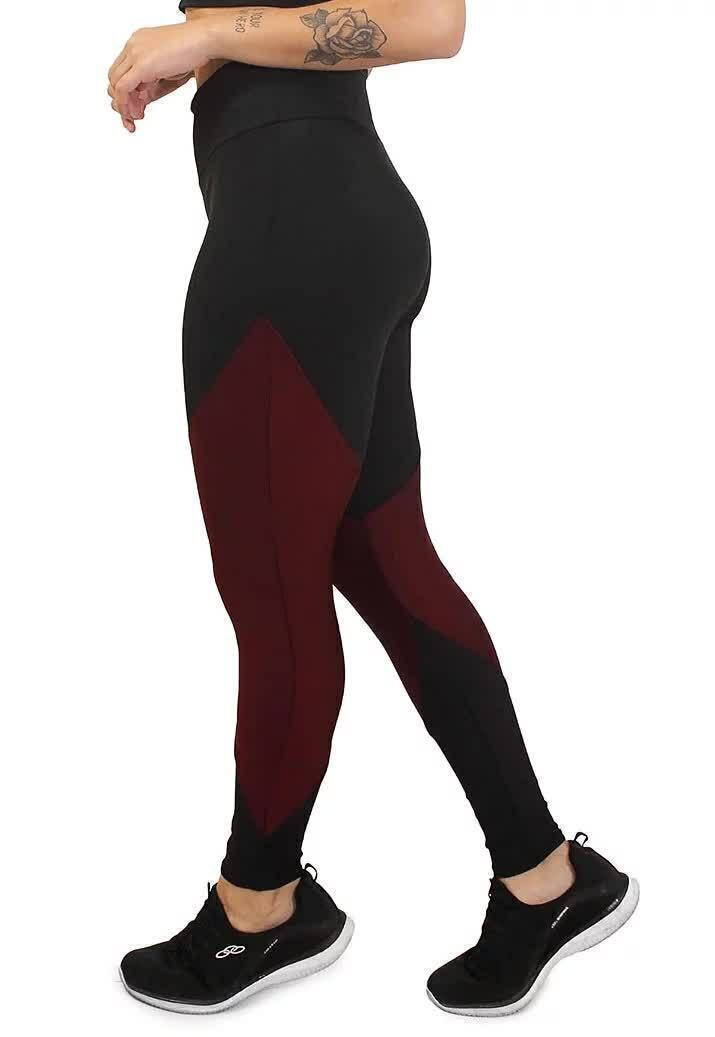 Calça Legging Feminina Cintura Alta Preta Com Detalhe Em Vermelho