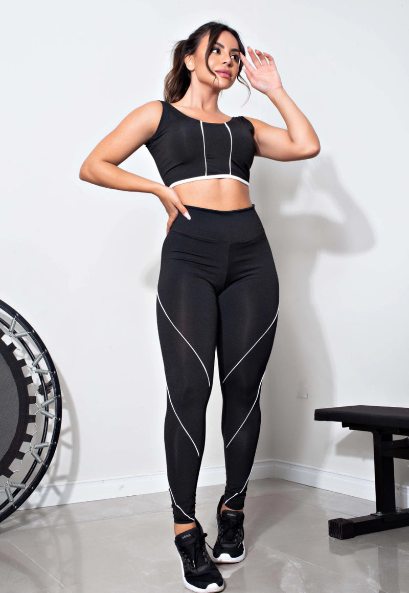 Conjunto Fitness Feminino Cropped Preto Detalhe Listra Branca + Calça Legging Cintura Alta Preta Detalhe Listra Branca&nbsp;