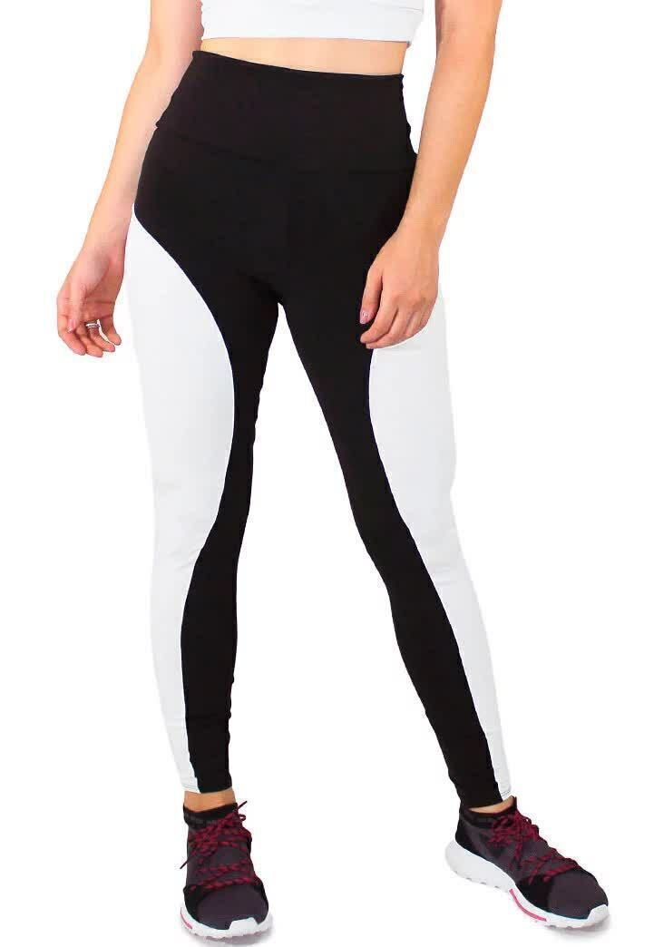 Calça Legging Feminina Cintura Alta Preta Detalhe Lateral Em Branco