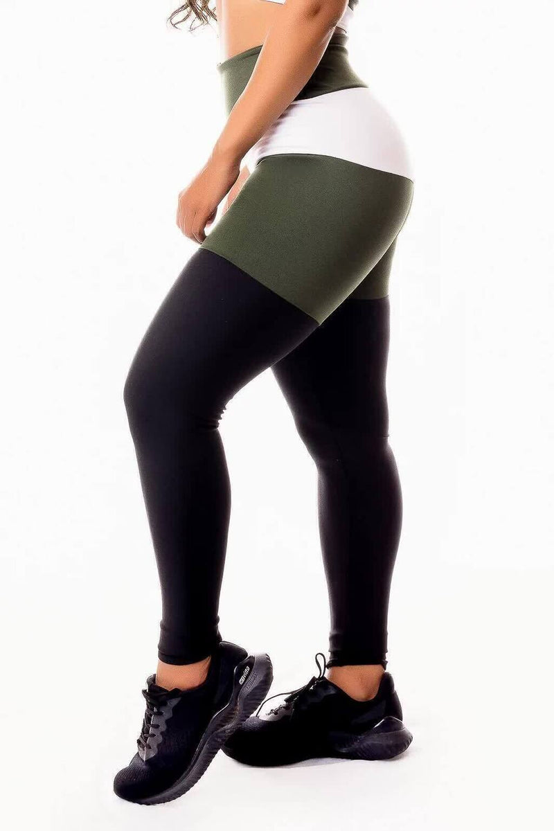 Calça Legging Feminina Cintura Alta Preta Detalhes Em Verde Militar e Faixa Branca