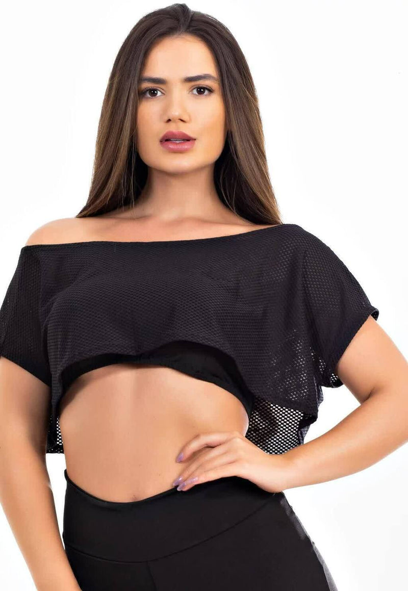 Cropped Feminino Tecido De Tela Preta + Top Tomara Que Caia