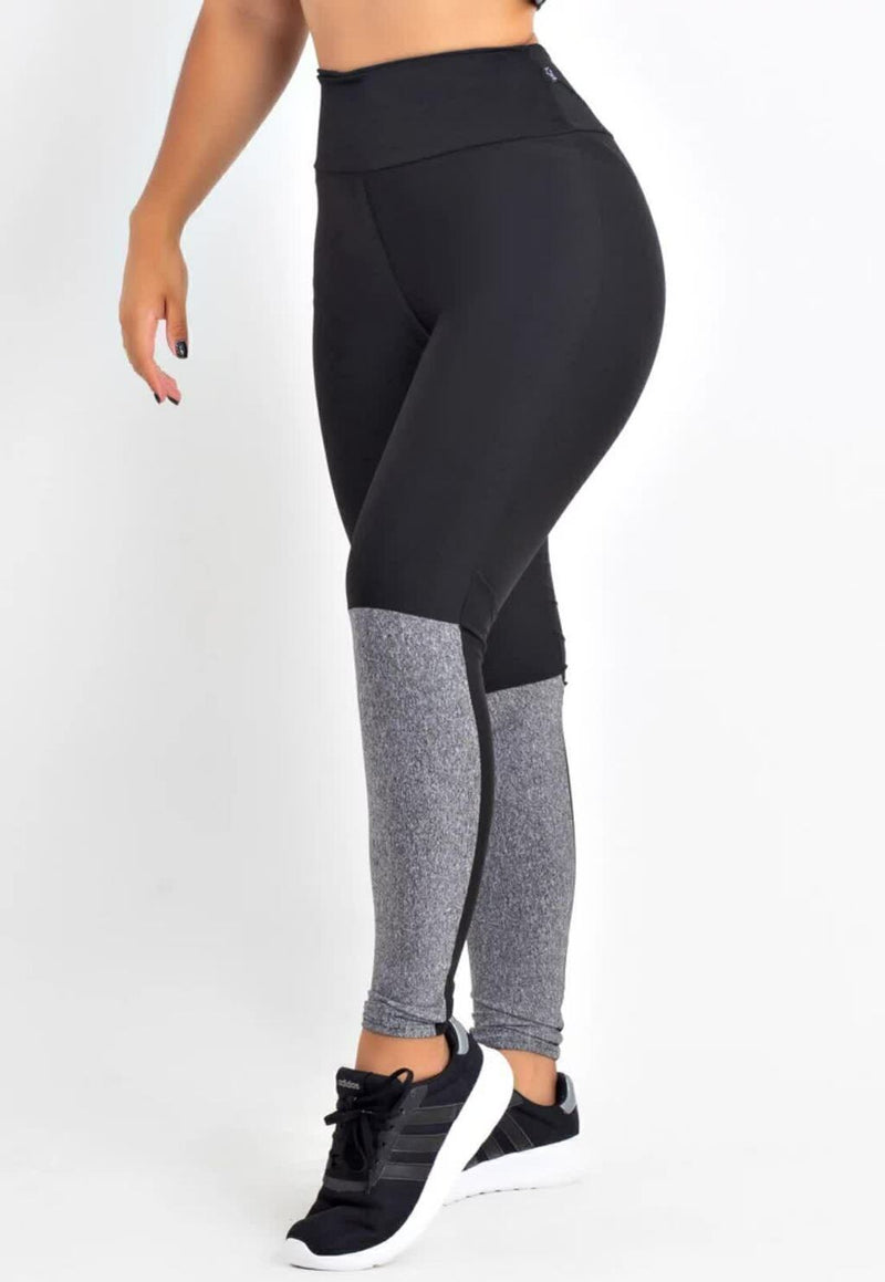 Calça Legging Feminina Cintura Alta Preta Com Detalhes Cinza Na Canela