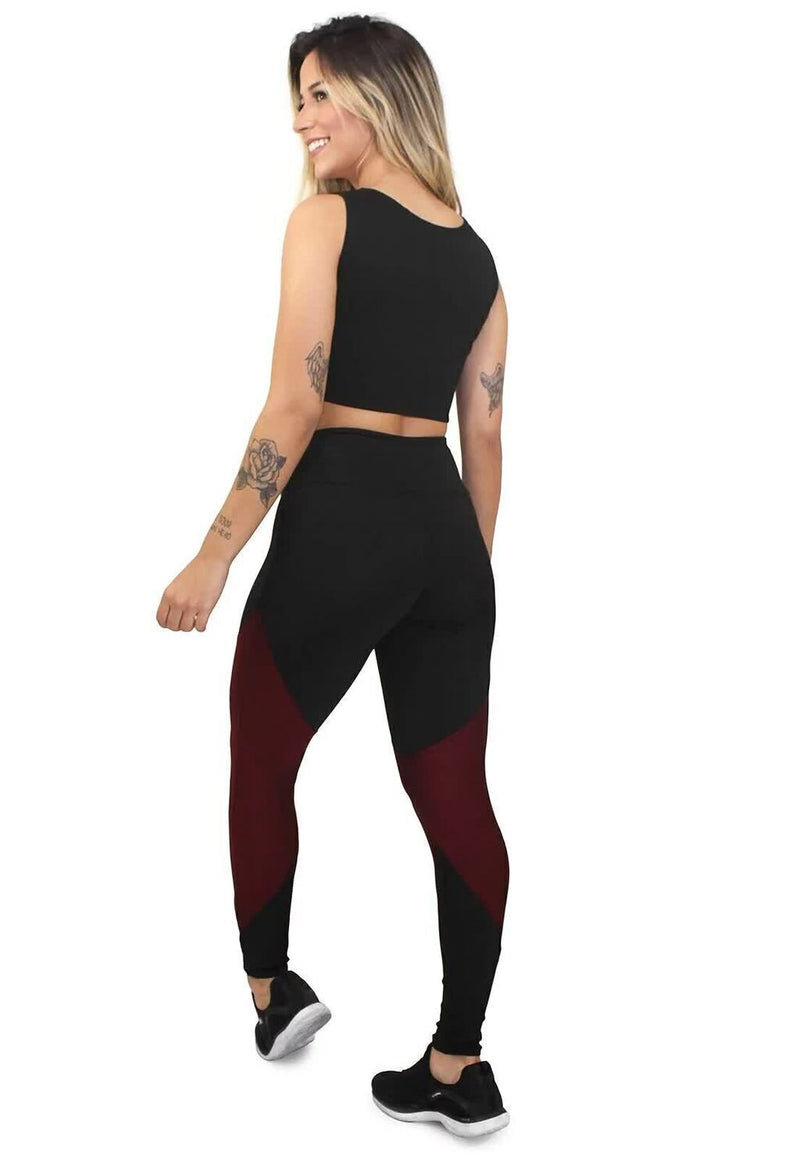 Conjunto Fitness Feminino Cropped Alça Preta + Calça Legging Cintura Alta Preta Detalhe Marsala