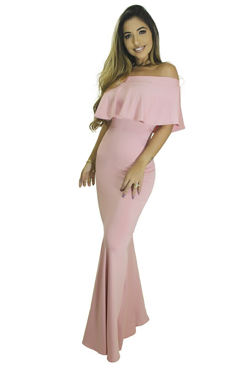 Vestido Feminino Longo Ombro a Ombro Com Babado e Rabo De Sereia Rosa