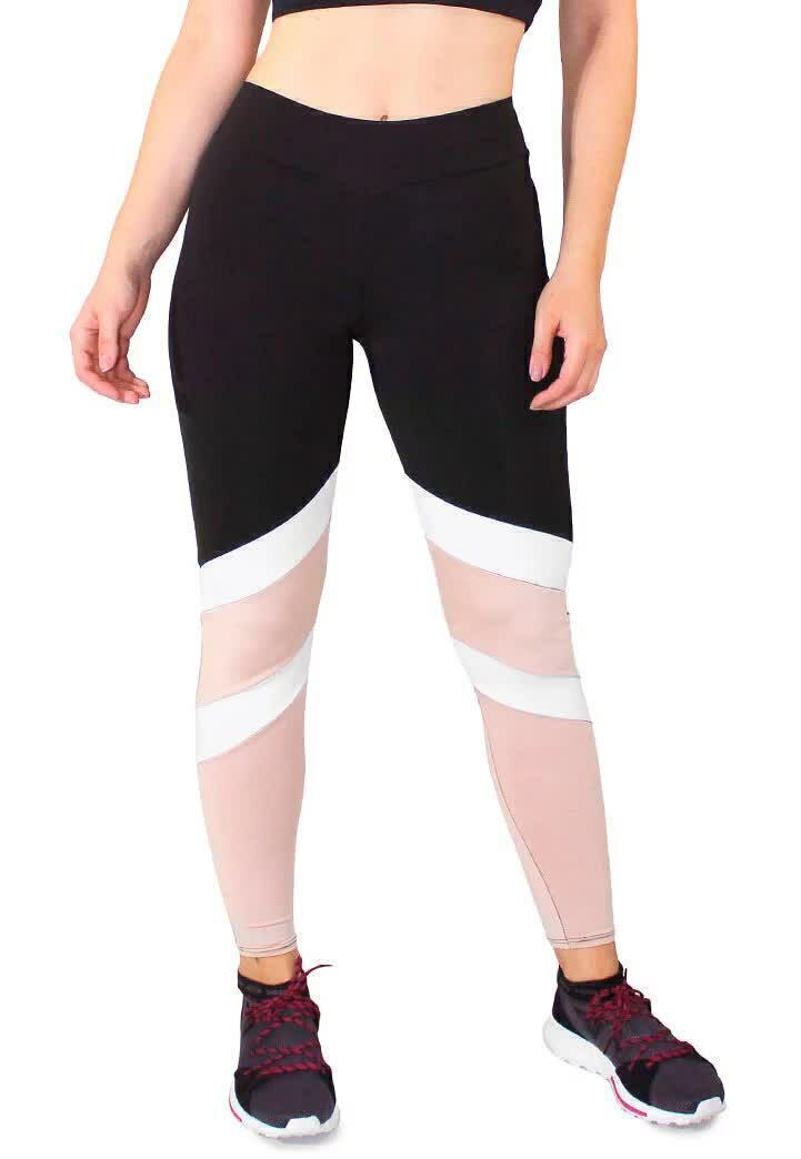 Calça Legging Feminina Fitness Preta e Rosê com Listra Branca