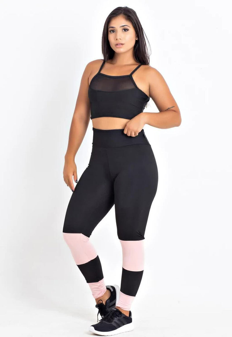 Feminino Cropped Transparencia Calça Preto com Rosê Conjunto Fitness