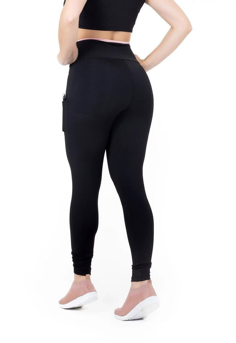 Calça Legging Feminina Cintura Alta Preta Detalhe Interno Rosa Minimalista