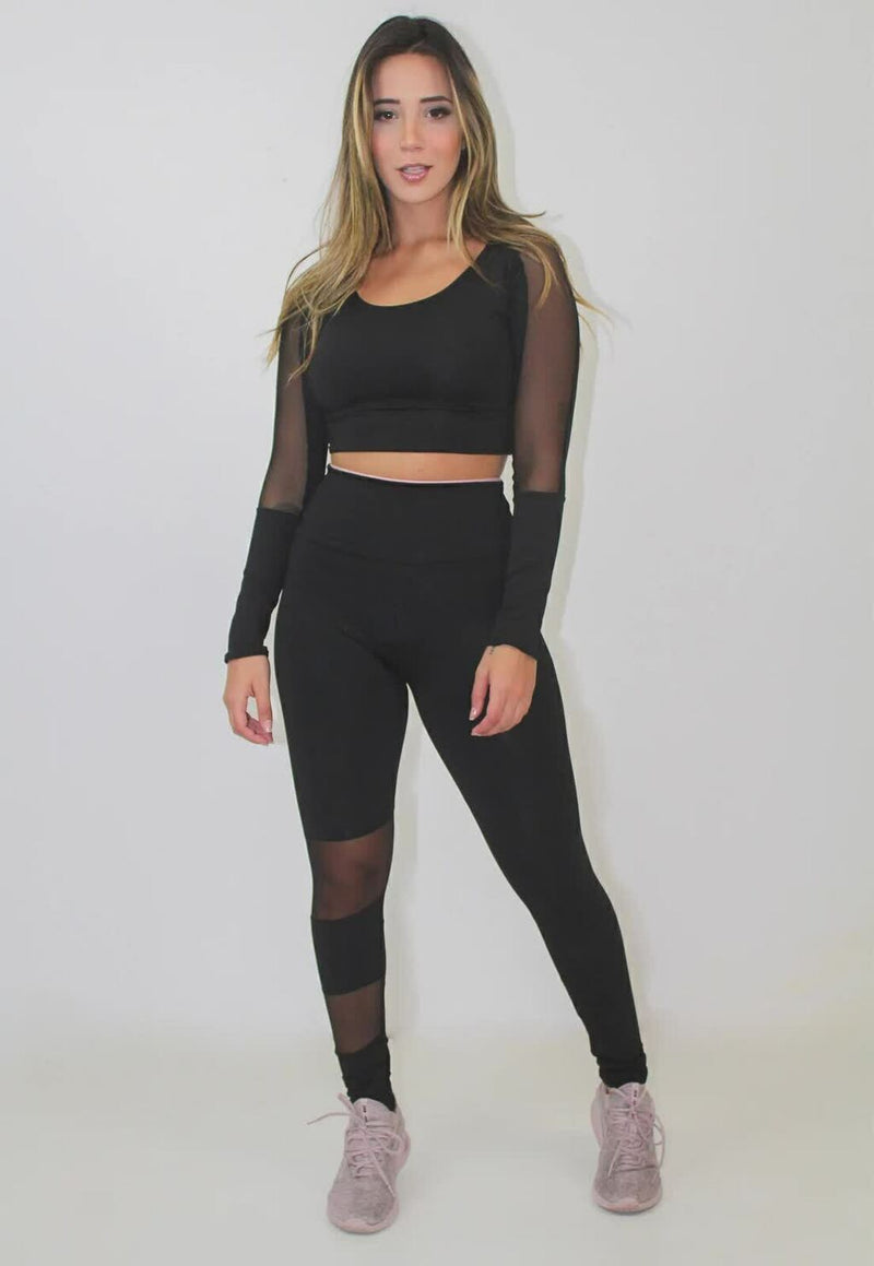 Conjunto Fitness Feminino Cropped Manga Longa Detalhe Em tule + Calça Legging Cintura Alta Detalhe Em Tule Preto