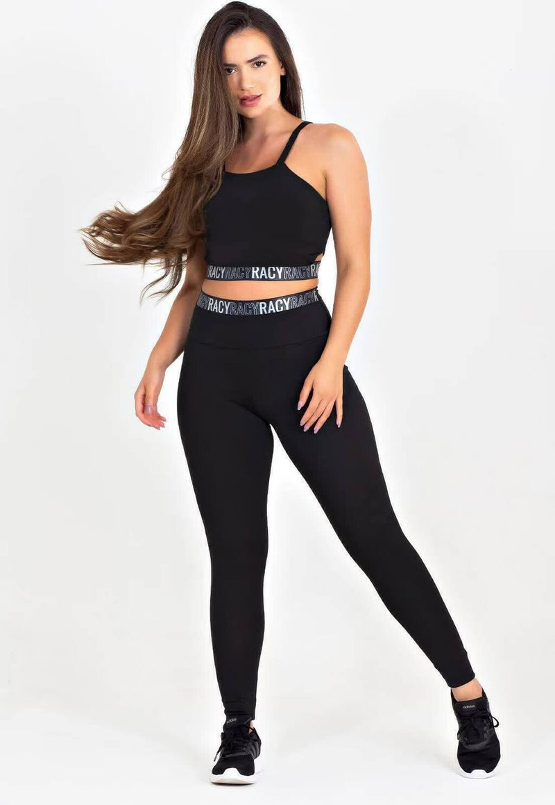 Conjunto Fitness Feminino Cropped Alcinha Preto Detalhe Elástico Preto + Cropped De Tela Manga Longa Preta + Calça Legging Cintura Alta Preta Com Elástico Preto