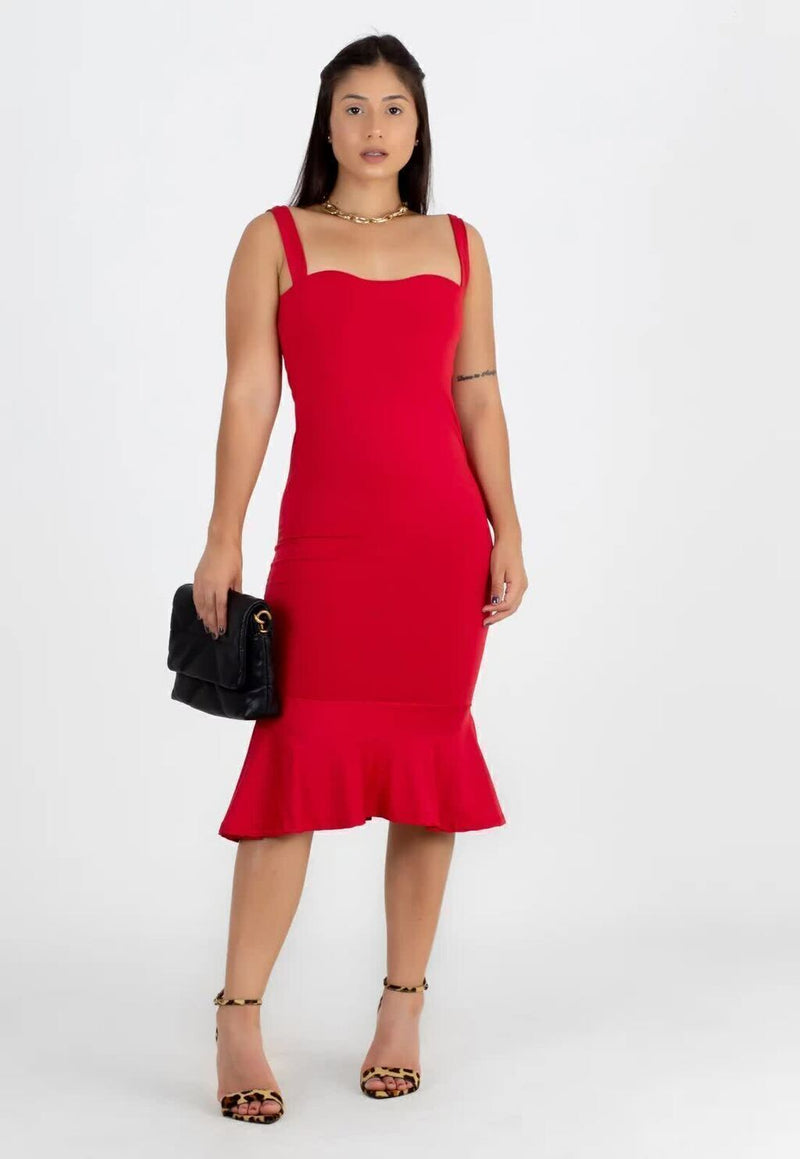 Vestido Feminino Midi Alcinha Com Babado Vermelho