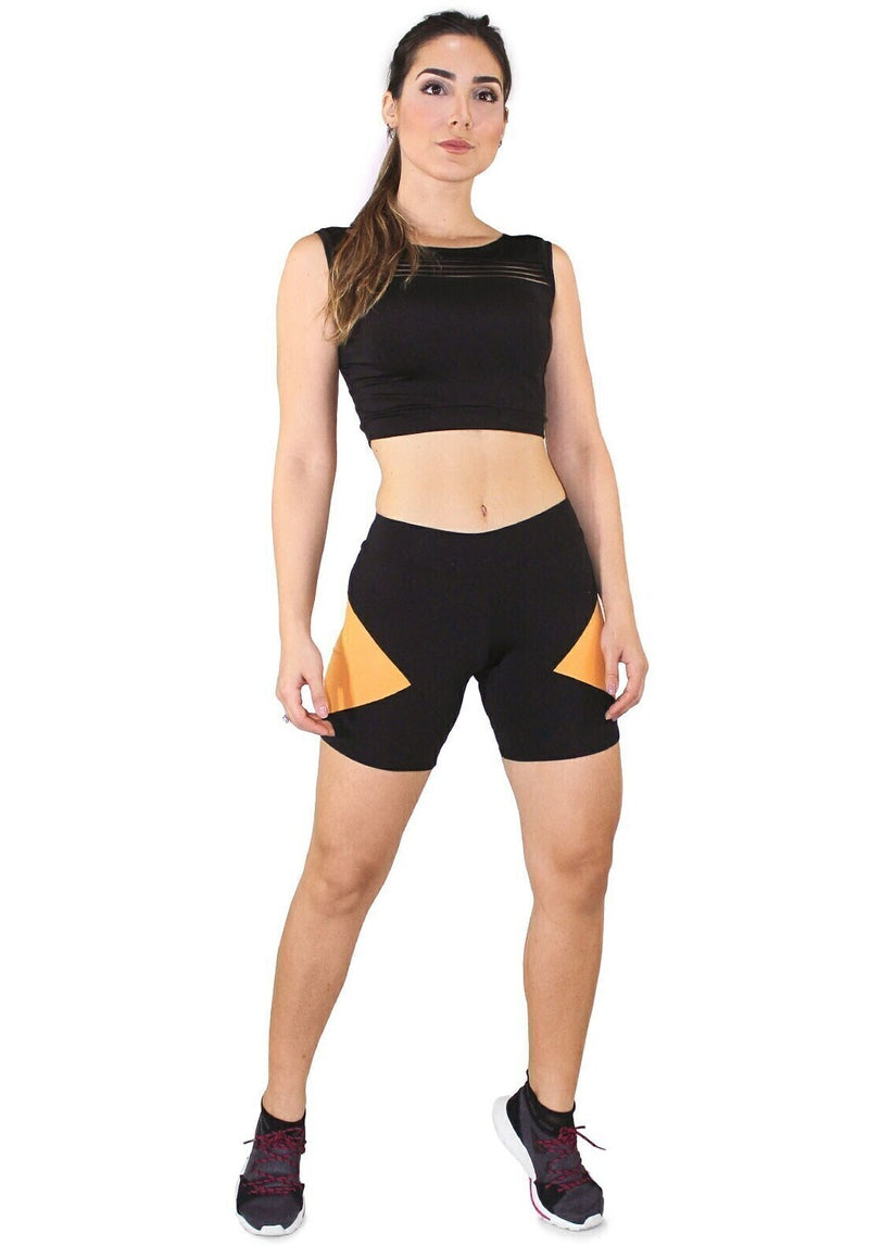 Conjunto Feminino Cropped Regata Preto e Short Preto Com Detalhe Em Amarelo