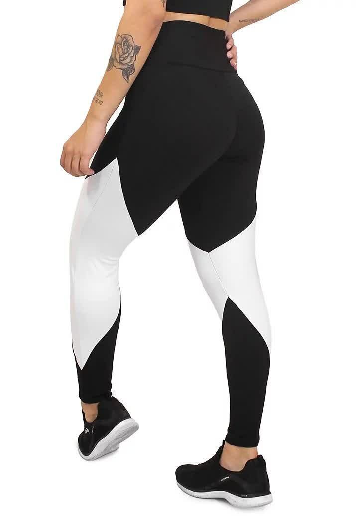 Calça Legging Feminina Cintura Alta Preta Detalhe Em Branco