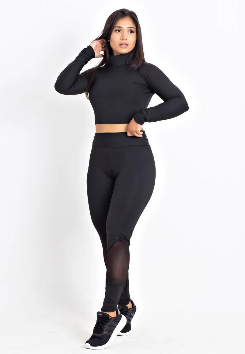 Conjunto Fitness Feminino Cropped Manga Longa Preto + Calça Legging Cintura Alta Preta