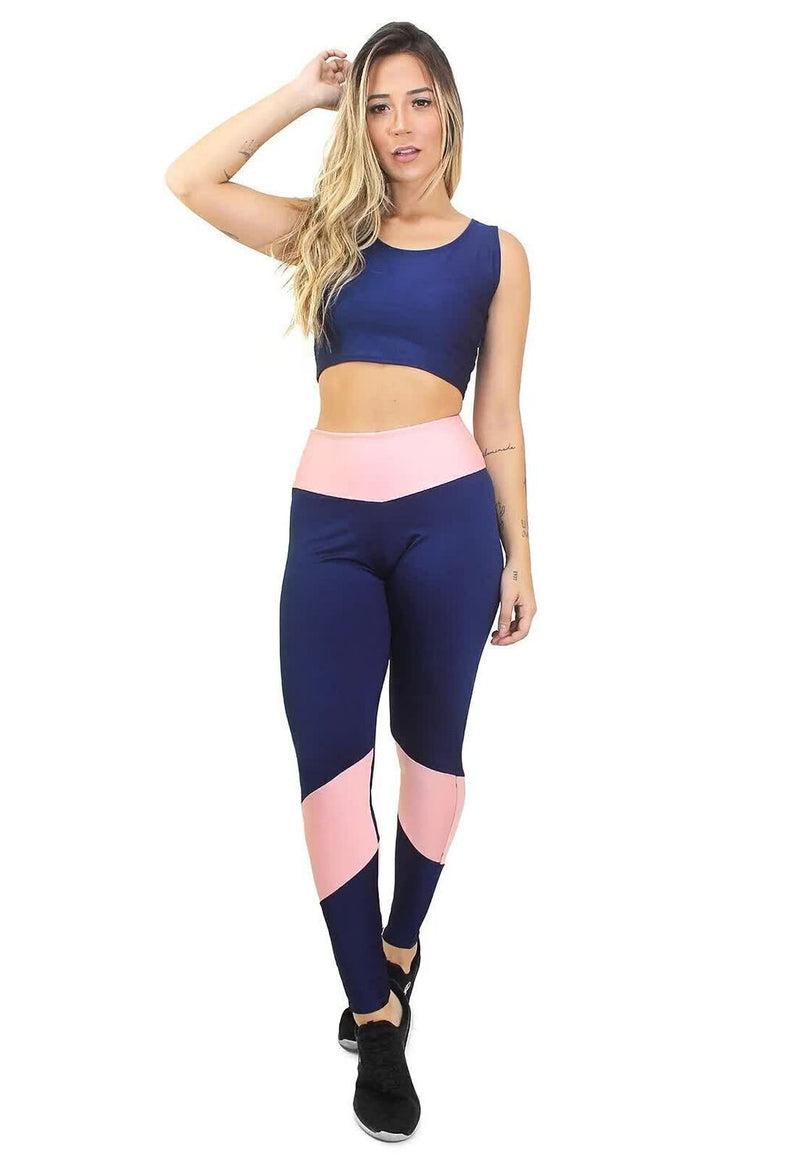 Conjunto Feminino Fitness Cropped e Calça Legging Azul Detalhe Rosa