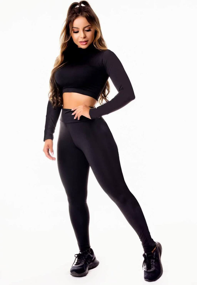 Conjunto Fitness Feminino Cropped Manga Longa Preta E Calça Legging Preta