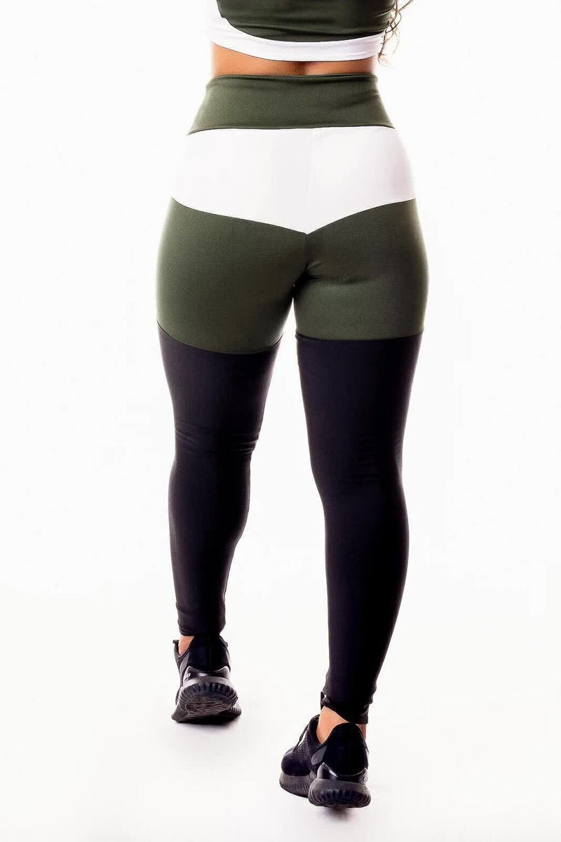 Calça Legging Feminina Cintura Alta Preta Detalhes Em Verde Militar e Faixa Branca