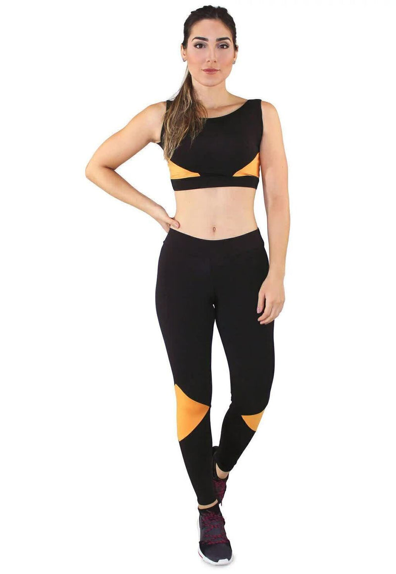 Conjunto Fitness Feminino Cropped Preto Detalhe Laranja + Calça Legging Preta Detalhe Laranja