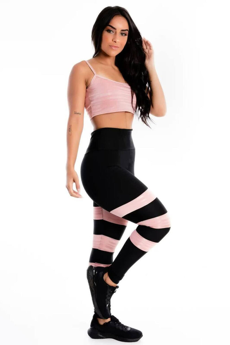 Conjunto Feminino Fitness Cropped Rosa e Calça Legging Preta Detalhe Rosa