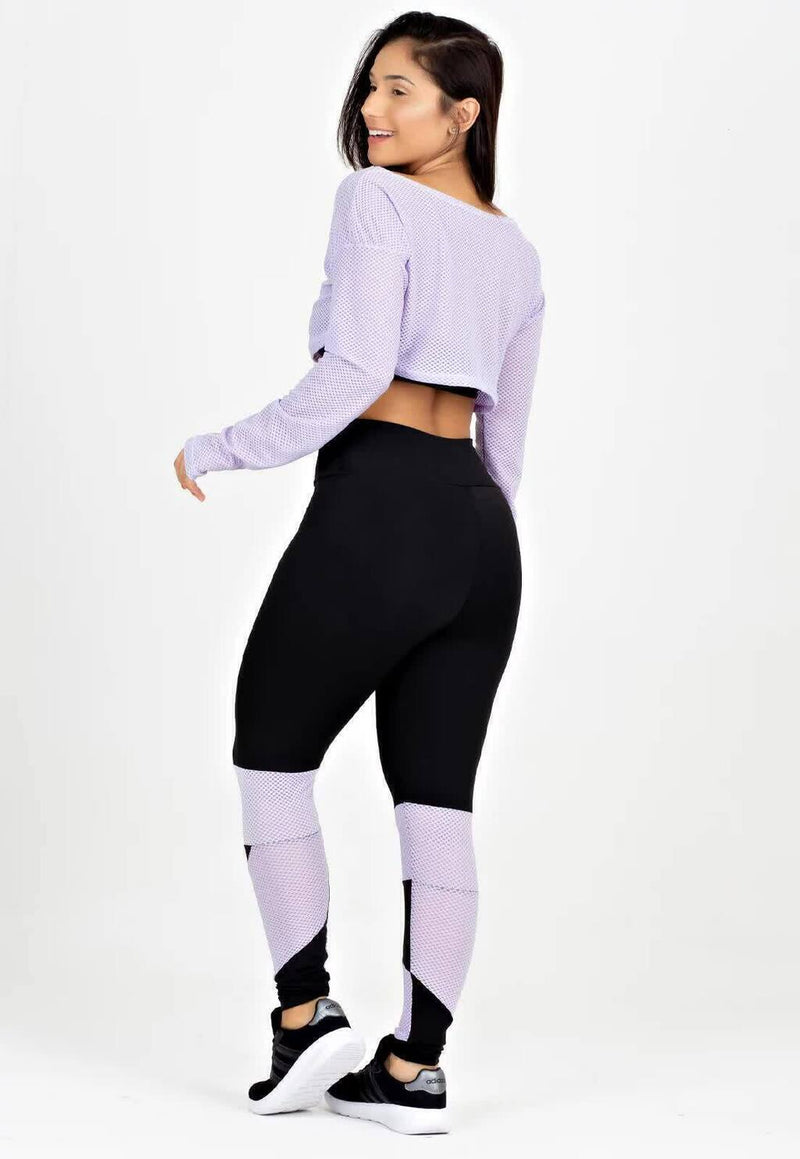 Conjunto Fitness Feminino Cropped De Tela Manga Longa Lilá + Calça Legging Cintura Alta Preta Detalhe Em tela Lilás