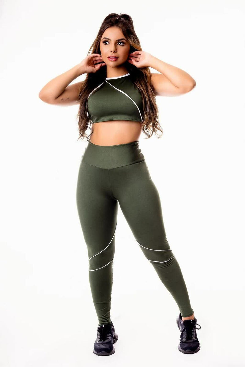 Conjunto Fitness Feminino Cropped Verde Militar + Calça Legging Cintura Alta Verde Militar Listra Branca