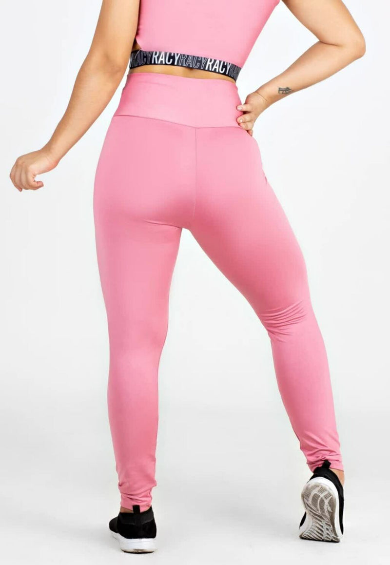 Calça Legging Feminina Cintura Alta Rosa Detalhe Elástico Preto