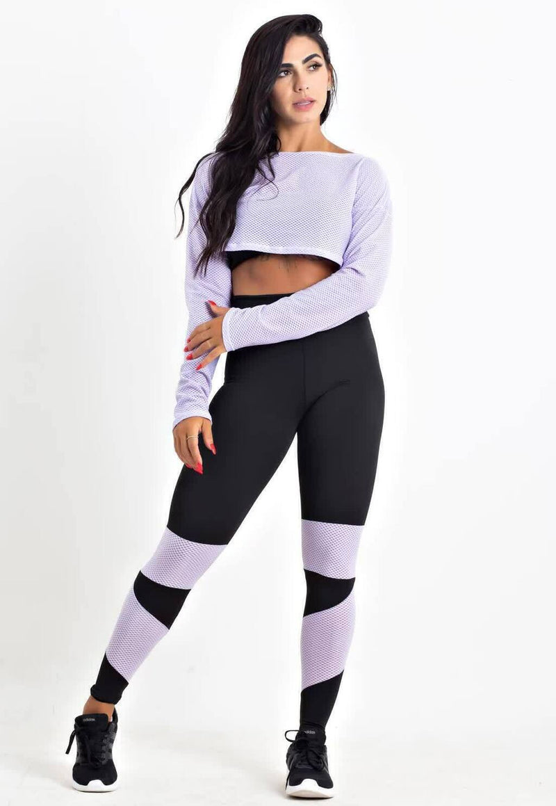 Conjunto Fitness Feminino Cropped De Tela Manga Longa Lilá + Calça Legging Cintura Alta Preta Detalhe Em tela Lilás