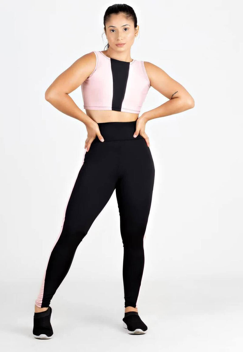 Conjunto Fitness Feminino Cropped Regata Rosa Detalhe Preto + Calça Legging Cintura Alta Preta Detalhe Rosa&nbsp;