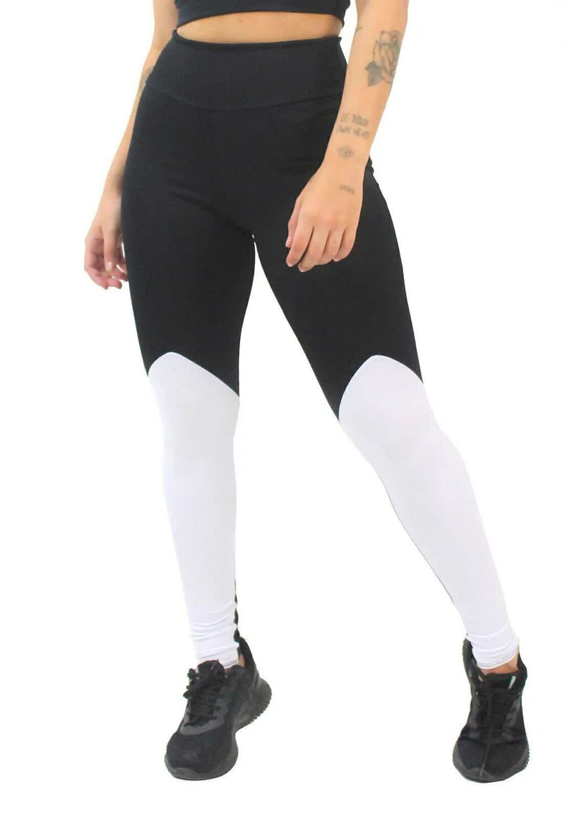 Calça Legging Feminina Cintura Alta Preta Detalhe Em Branco Na Canela