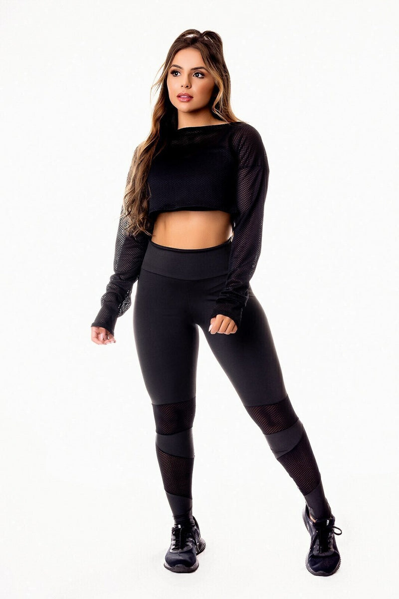 Conjunto Fitness Feminino Cropped Mnaga Longa Tela Dry Preta + Calça Legging Cintura Alta Detalhe Em Tela Preta