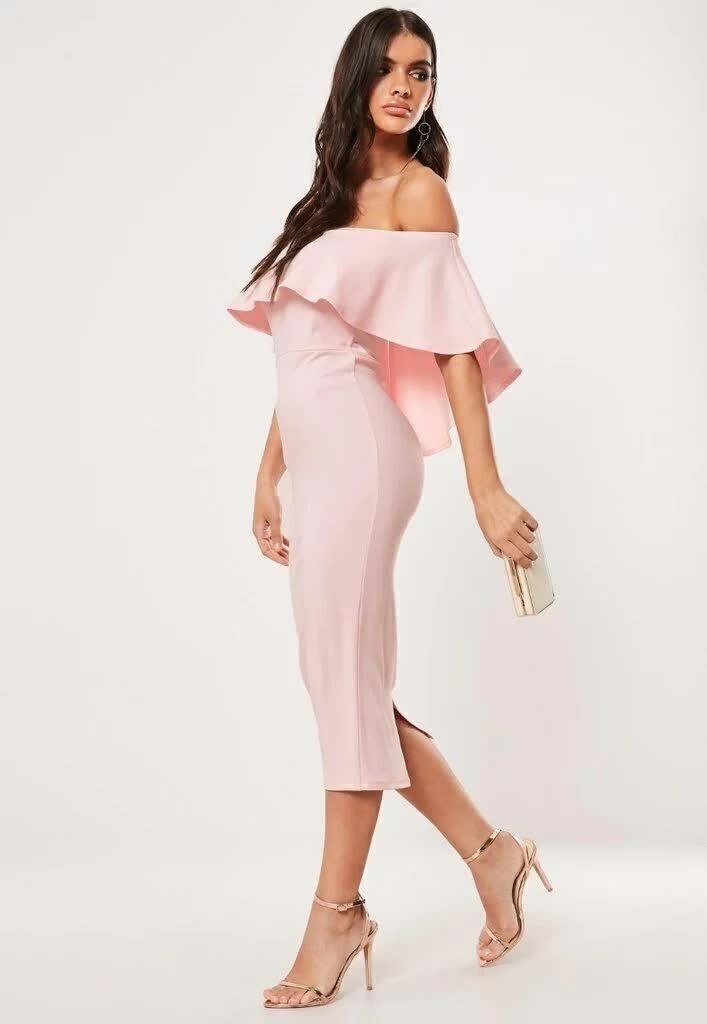 Vestido Feminino Midi Com Babado e Fenda Rosa