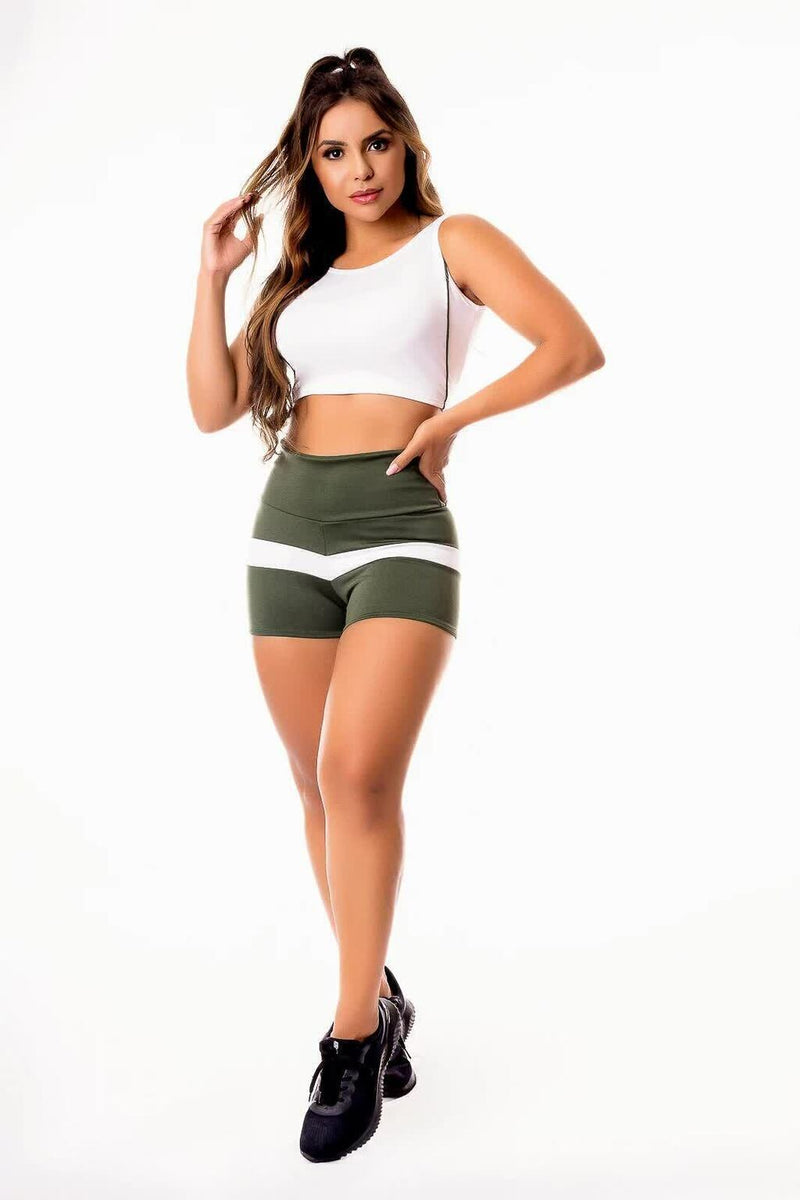 Conjunto Feminino Cropped e Short Curto Verde Militar