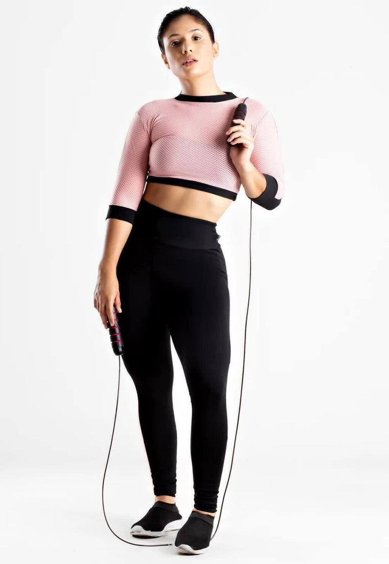 Conjunto Feminino Fitness Cropped e Calça Legging Preta Detalhe Em Tela Rosa