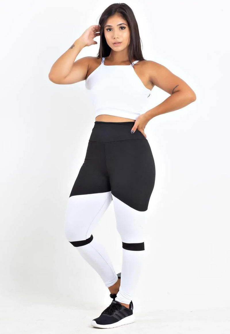 Conjunto Fitness Feminino Cropped Alcinha Branco + Calça Legging Cintura Alta Preto e Branco