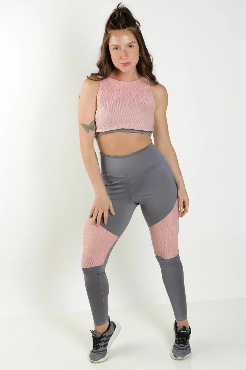 Conjunto Feminino Fitness Regatinha Tela Rosa Com Cropped Tomara Que Caia e Calça Legging Cinza Tela Rosa