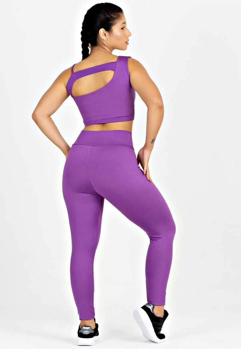 Conjunto Fitness Feminino Cropped Alcinha Roxo Detalhe Nas Costas + Calça Legging Cintura Alta Roxa