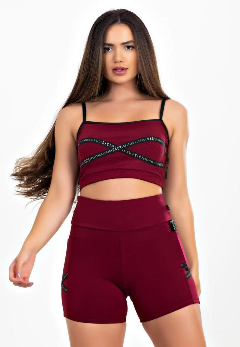 Short Cintura Alta e Cropped Marsala com Elásticos em X Conjunto Fitness